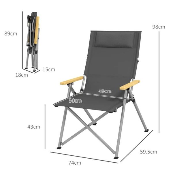 Scaun pliabil gradina, camping, pescuit, material Oxford, cu tetiera, buzunar, spatar reglabil, gri, 74×59.5×98 cm