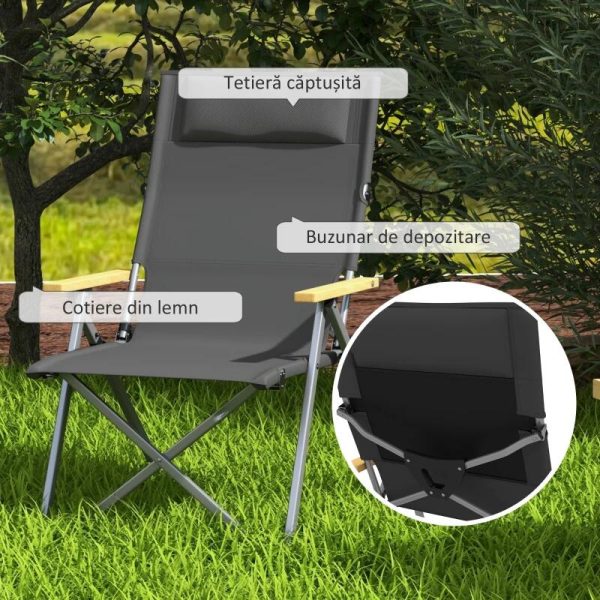 Scaun pliabil gradina, camping, pescuit, material Oxford, cu tetiera, buzunar, spatar reglabil, gri, 74×59.5×98 cm
