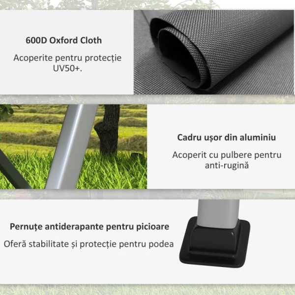 Scaun pliabil gradina, camping, pescuit, material Oxford, cu tetiera, buzunar, spatar reglabil, gri, 74×59.5×98 cm