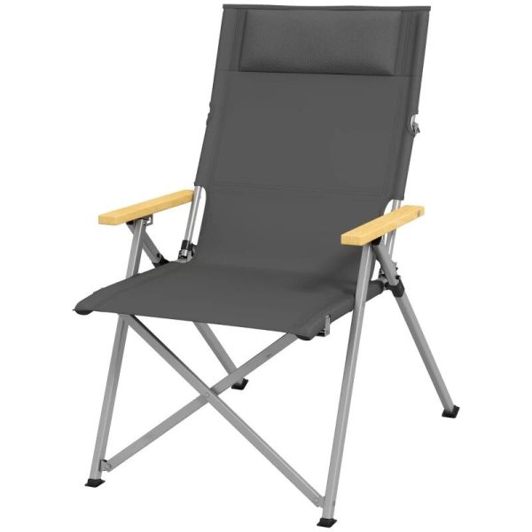 Scaun pliabil gradina, camping, pescuit, material Oxford, cu tetiera, buzunar, spatar reglabil, gri, 74×59.5×98 cm