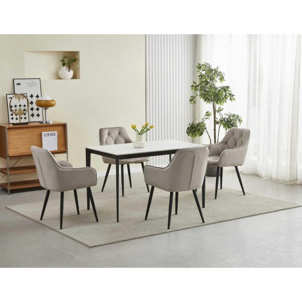 Scaun stil fotoliu bucatarie/living, Artool, York, catifea bej inchis, picioare metal negru, 56x62x83.5 cm