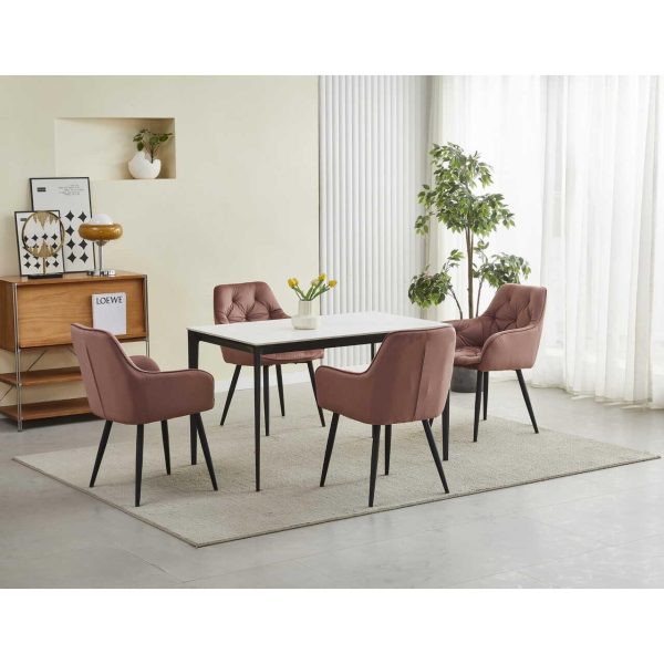 Scaun stil fotoliu bucatarie/living, Artool, York, catifea roz, picioare metal negru, 56x62x83.5 cm