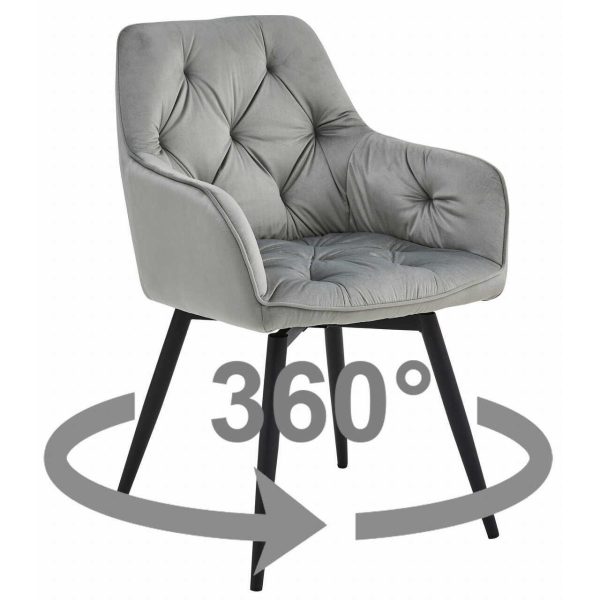 Scaun stil fotoliu bucatarie/living, Artool, York, rotativ, catifea gri argintiu, picioare metal negru, 56x61x84 cm