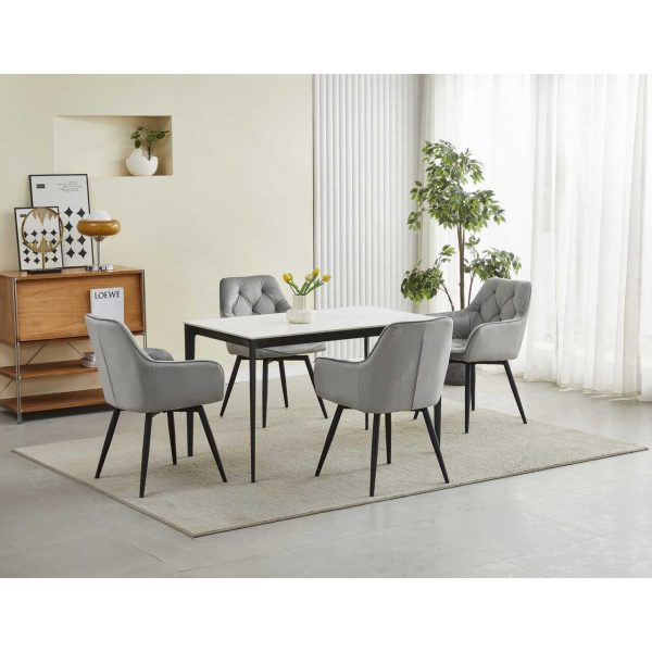 Scaun stil fotoliu bucatarie/living, Artool, York, rotativ, catifea gri argintiu, picioare metal negru, 56x61x84 cm