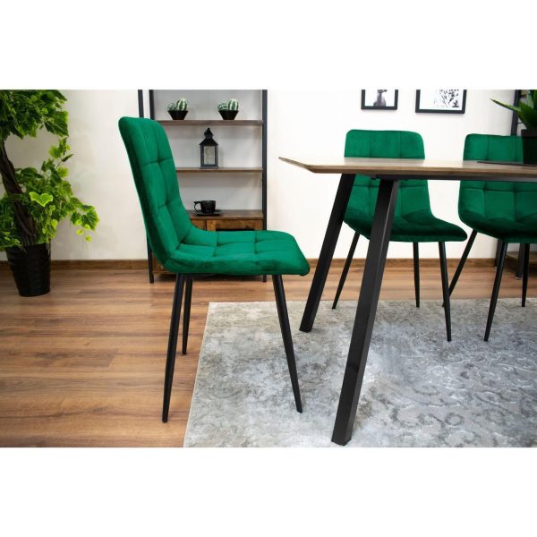 Set 4 scaune bucatarie/living, Artool, Kara, catifea verde, picioare metal negru, 44.5×50.5×87 cm