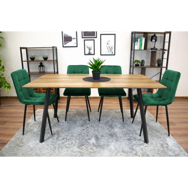 Set 4 scaune bucatarie/living, Artool, Kara, catifea verde, picioare metal negru, 44.5×50.5×87 cm