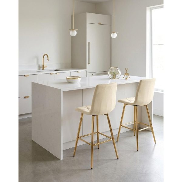 Set 2 scaune de bucatarie/bar, Artool, Libra, catifea bej deschis, picioare metal auriu, 52x56x112 cm