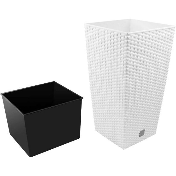 Set 2 ghivece de flori, Rato, imitatie ratan, inalte, 32.5×32.5×61 cm, alb, Prosperplast