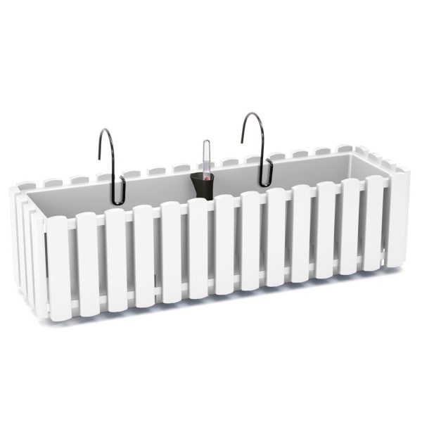 Set 2 jardiniere decorative cu suport metalic, sistem irigare,​​​​​​​ alb, 58x18x16.2 cm, Boardee Fencycase W