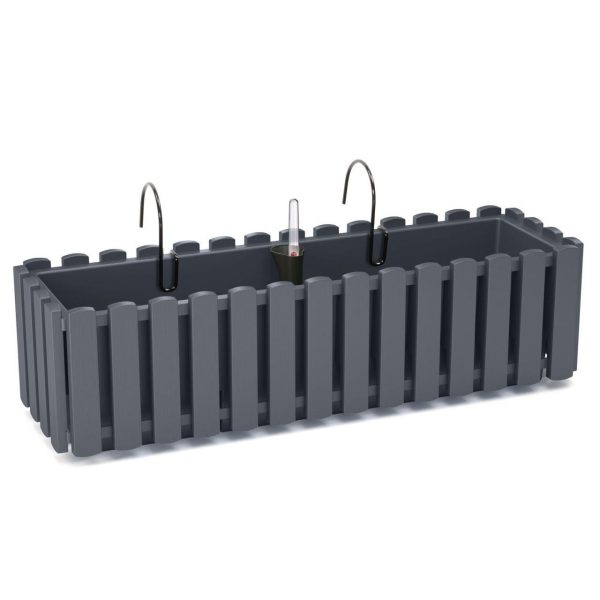 Set 2 jardiniere decorative cu suport metalic, sistem irigare,​​​​​​​ antracit, 58x18x16.2 cm, Boardee Fencycase W