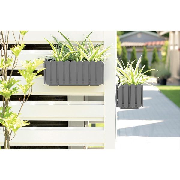 Set 2 jardiniere decorative cu suport metalic, sistem irigare,​​​​​​​ gri, 38x18x16.2 cm, Boardee Fencycase W