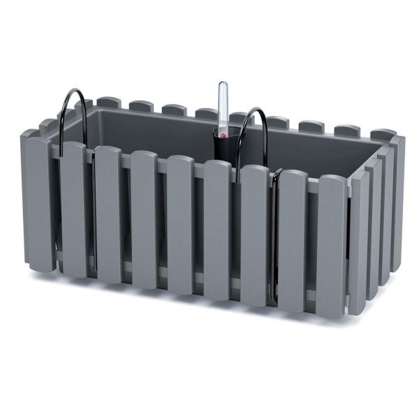 Set 2 jardiniere decorative cu suport metalic, sistem irigare,​​​​​​​ gri, 38x18x16.2 cm, Boardee Fencycase W