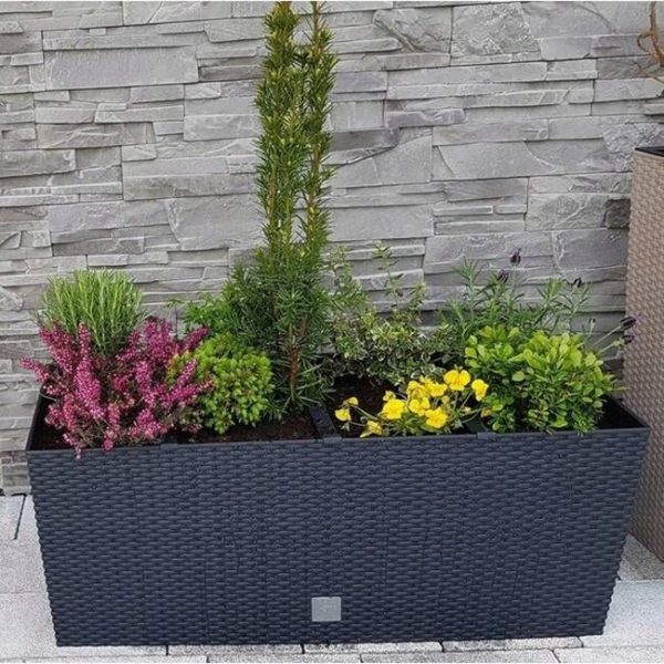 Set 2 jardiniere decorative, sistem irigare, imitatie ratan, antracit, 30 L, 60x25x24 cm, Rato Case