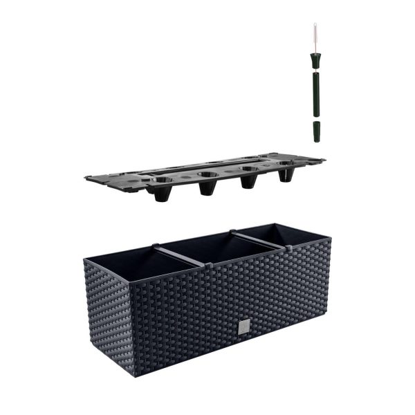 Set 2 jardiniere decorative, sistem irigare, imitatie ratan, antracit, 30 L, 60x25x24 cm, Rato Case