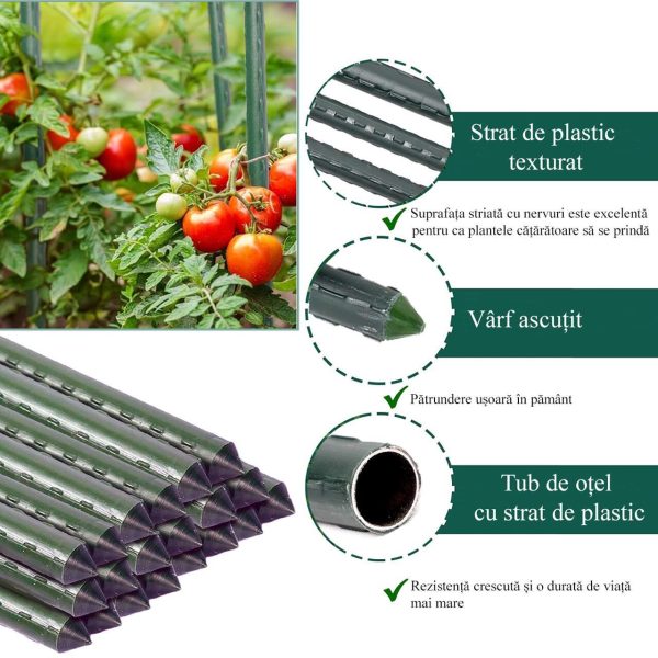 Set 25 araci de gradina, suport pentru rosii, castraveti si fasole, metal acoperit cu PVC, rezistenti la rugina, verde, 180×0.8 cm, Artool