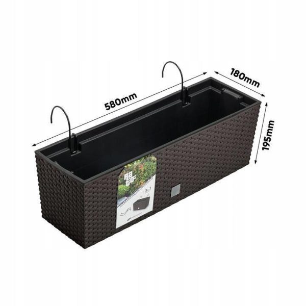 Set 3 jardiniere cu suport metalic, imitatie ratan, maro, 58x18x19.5 cm, Rato Case W