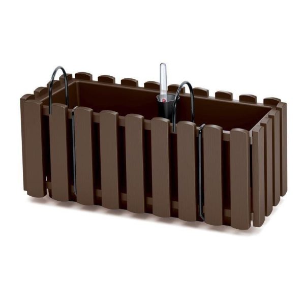 Set 3 jardiniere decorative cu suport metalic, sistem irigare,​​​​​​​ maro, 38x18x16.2 cm, Boardee Fencycase W