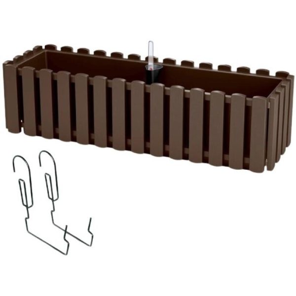 Set 3 jardiniere decorative cu suport metalic, sistem irigare,​​​​​​​ maro, 58x18x16.2 cm, Boardee Fencycase W