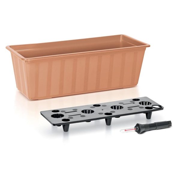 Set 4 jardiniere decorative cu sistem de irigare, 11 L, 60x18x14 cm, maro, Prosperplast