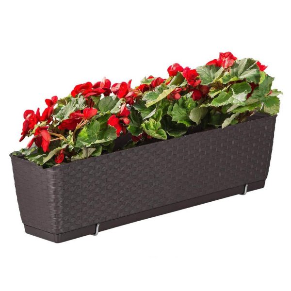 Set 4 jardiniere decorative cu suport metalic, Prosperplast, imitatie ratan, maro, 49.2×17.2×17.4 cm