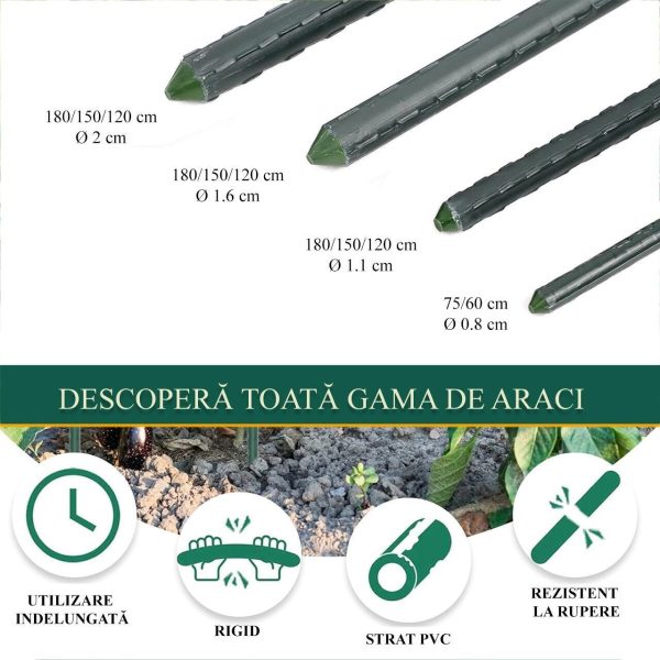 Set 100 araci de gradina, suport pentru rosii, castraveti si fasole, metal acoperit cu PVC, rezistenti la rugina, verde, 180×1.6 cm, Artool