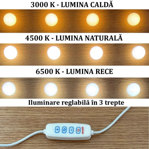 Masa de toaleta/machiaj, Antonia, sertare lucioase + scaun Avola, alb, cu oglinda si LED-uri, 155x42x135 cm