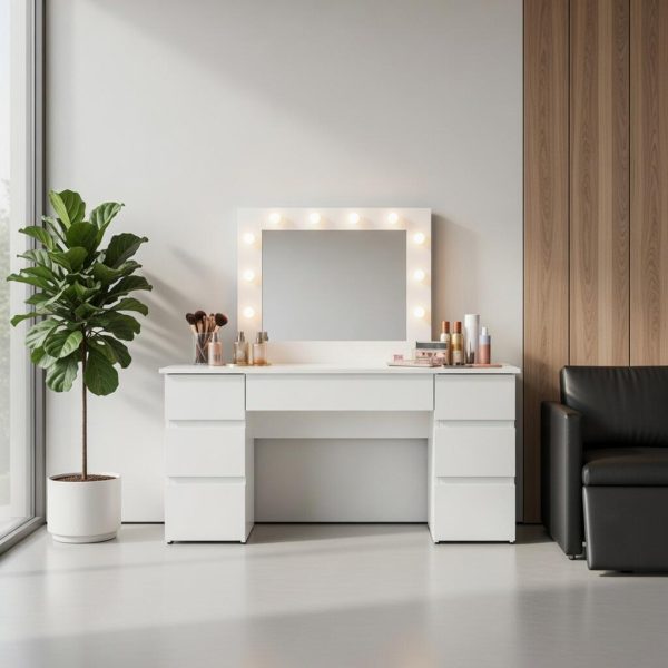 Masa de toaleta/machiaj, Antonia + scaun Alba, alb, cu oglinda si LED-uri, 155x42x135 cm