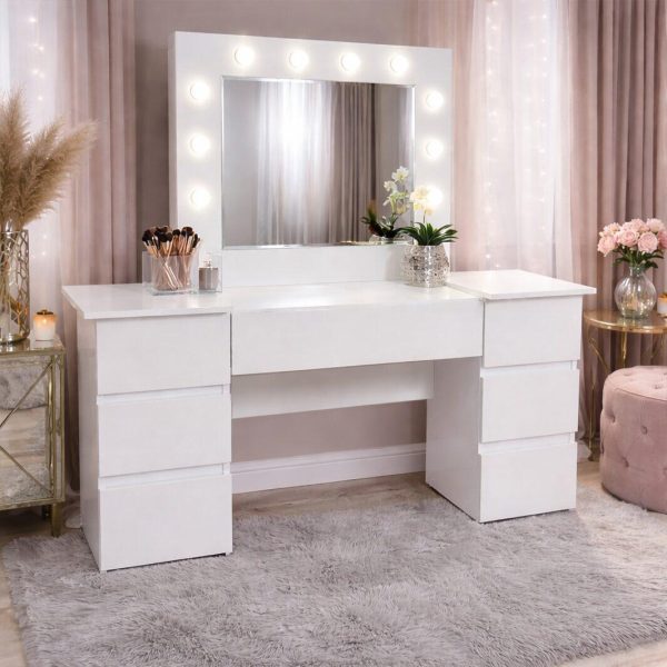 Masa de toaleta/machiaj, Antonia + scaun Alba, alb, cu oglinda si LED-uri, 155x42x135 cm