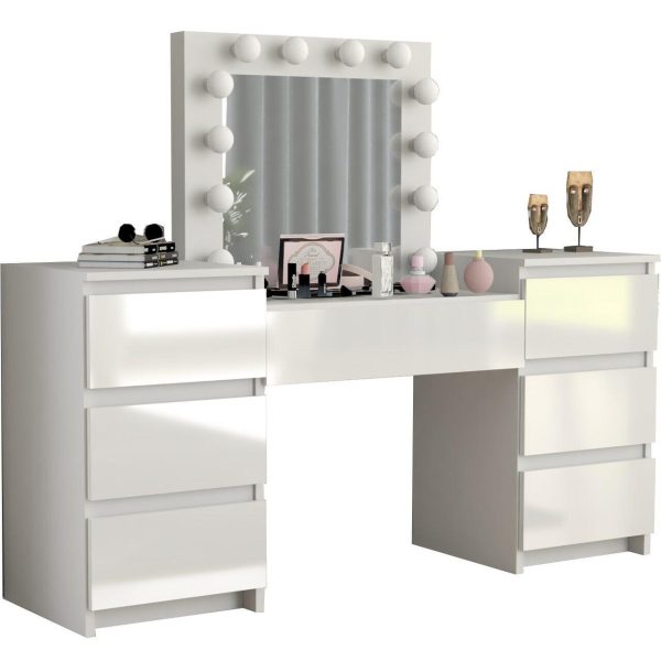 Masa de toaleta/machiaj, Antonia, sertare lucioase + scaun Avola, alb, cu oglinda si LED-uri, 155x42x135 cm