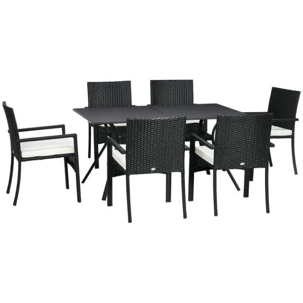 Set mobilier gradina/terasa, negru si bej, ratan sintetic, 1 masa, 6 scaune, Lynna