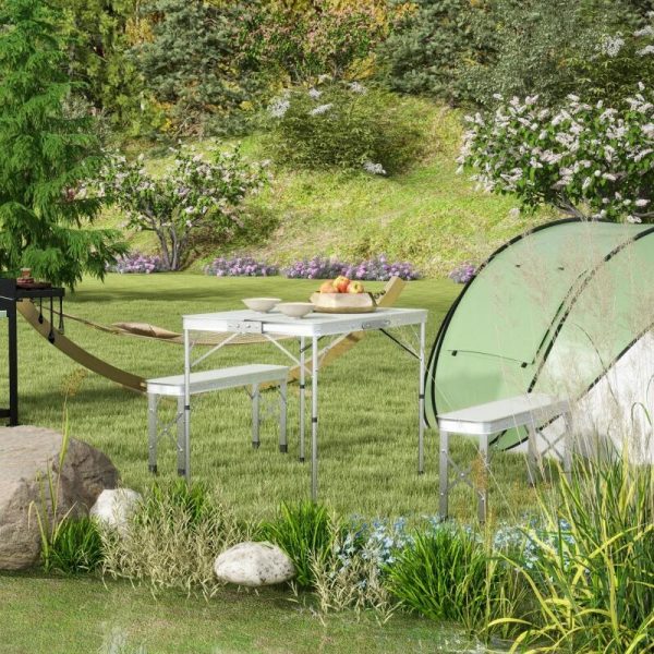 Set mobilier gradina/camping, pliabil, 1 masa, 2 banci, MDF si aluminiu, alb, 90 cm, Frankfurt