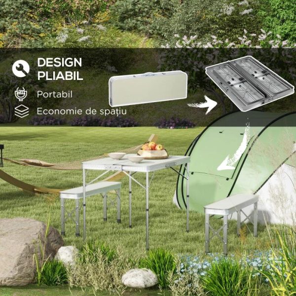 Set mobilier gradina/camping, pliabil, 1 masa, 2 banci, MDF si aluminiu, alb, 90 cm, Frankfurt