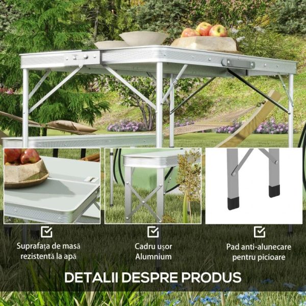 Set mobilier gradina/camping, pliabil, 1 masa, 2 banci, MDF si aluminiu, alb, 90 cm, Frankfurt
