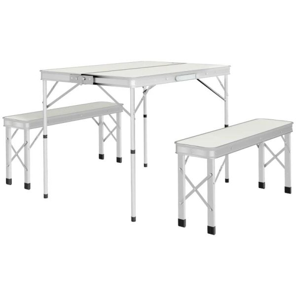 Set mobilier gradina/camping, pliabil, 1 masa, 2 banci, MDF si aluminiu, alb, 90 cm, Frankfurt