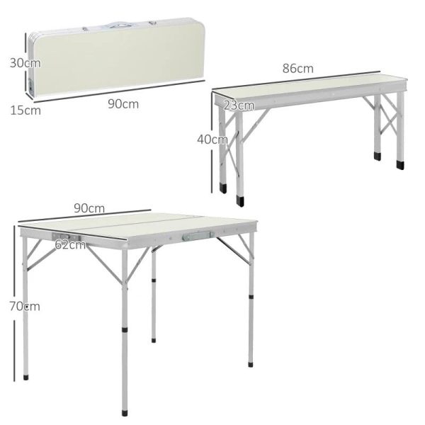 Set mobilier gradina/camping, pliabil, 1 masa, 2 banci, MDF si aluminiu, alb, 90 cm, Frankfurt