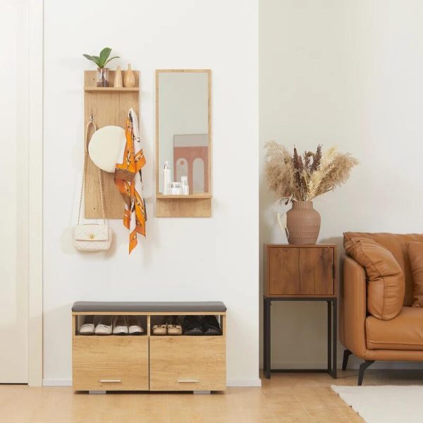 Set mobilier hol, pal, cu pantofar, cuier, oglinda, natur, 3 piese