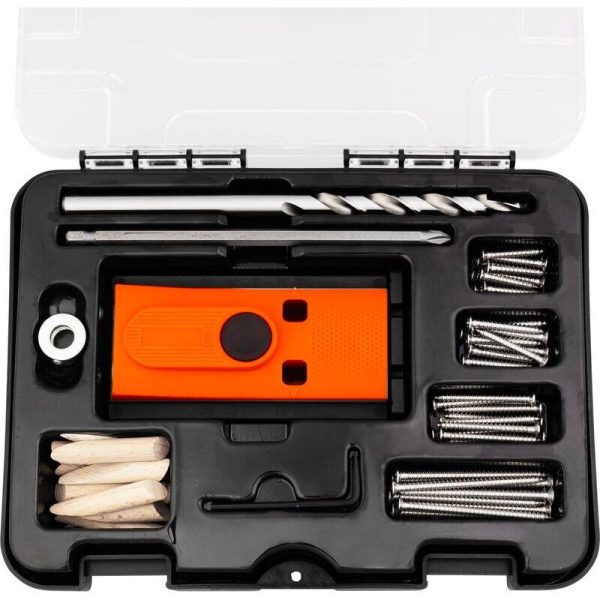 Set pentru dulgheri cu imbinari, dibluri, burghie, suruburi, cuie, opritor adancime, 55 piese