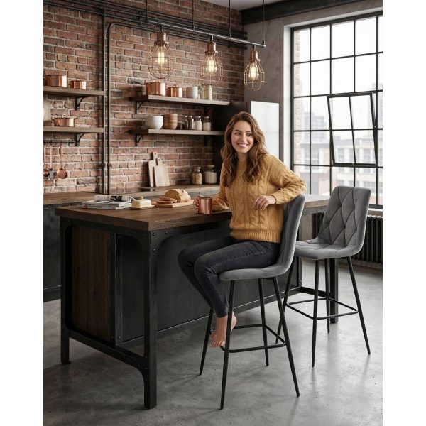 Set 2 scaune de bucatarie/bar, Artool, Libra, catifea gri inchis, picioare metal negru, 52x56x112 cm