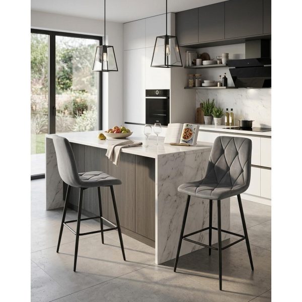 Set 2 scaune de bucatarie/bar, Artool, Libra, catifea gri inchis, picioare metal negru, 52x56x112 cm