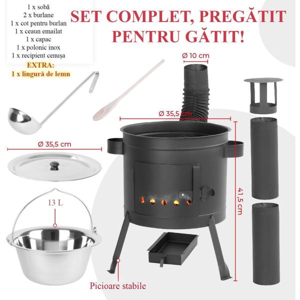Set soba cu ceaun/tuci, cu burlane, 36 cm, ceaun de 13 L, polonic, lingura de lemn, Artool