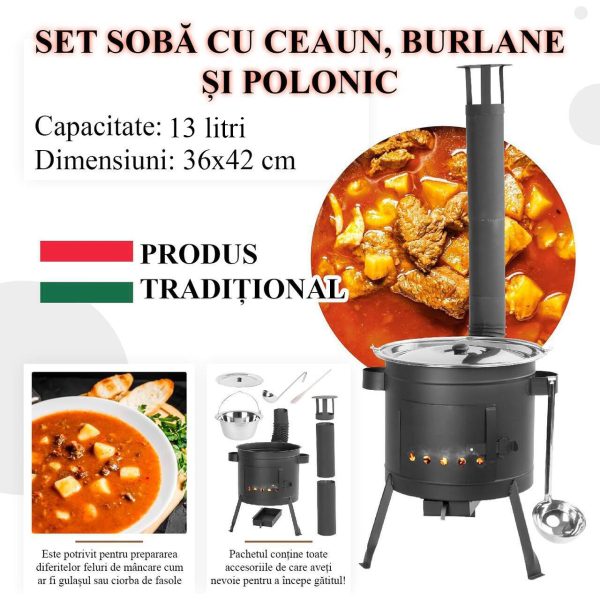 Set soba cu ceaun/tuci, cu burlane, 36 cm, ceaun de 13 L, polonic, lingura de lemn, Artool