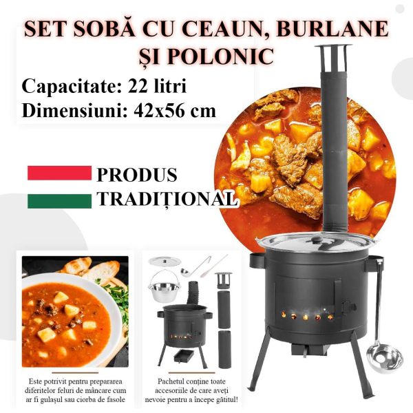 Set soba cu ceaun/tuci, cu burlane, 42 cm, ceaun de 22 L, polonic, lingura de lemn, Artool