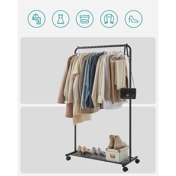 Suport mobil cu roti pentru haine, Artool, cu raft incaltaminte, otel, negru, max 40 kg, 90.5×40.5×158 cm