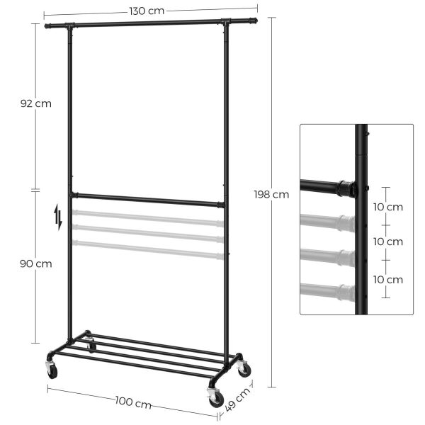 Suport mobil cu roti pentru haine, Artool, cu raft incaltaminte, reglabil, otel, negru, max 110 kg, 130x49x198 cm