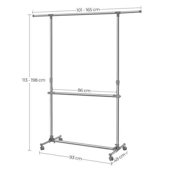 Suport mobil cu roti pentru haine, Artool, reglabil, inox, argintiu, max 50 kg, 101-165x49x113-198 cm