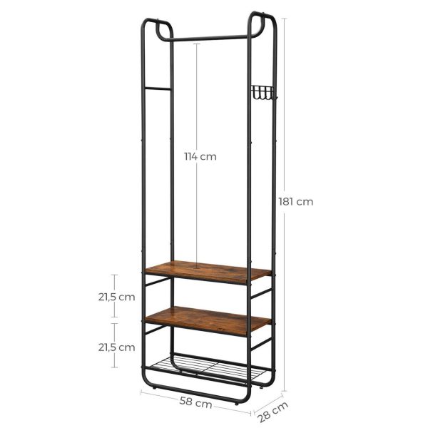 Suport pentru haine, cuier, Artool, cu 3 rafturi incaltaminte, pal, metal, negru si maro rustic, 58x28x181 cm