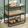 Suport pentru haine, cuier, Artool, cu 3 rafturi incaltaminte, pal, metal, negru si maro rustic, 58x28x181 cm