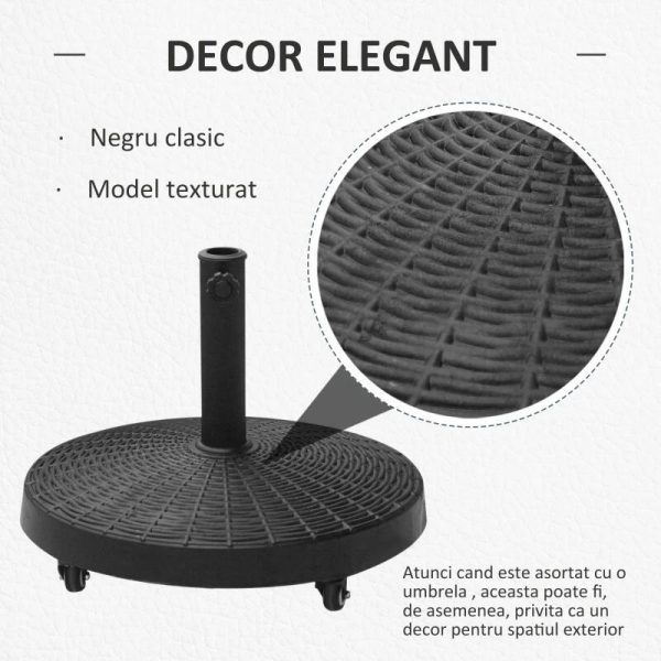 Suport pentru umbrela 38-48 mm, cu roti, rotund, HDPE, imitatie ratan, negru, 52×41 cm