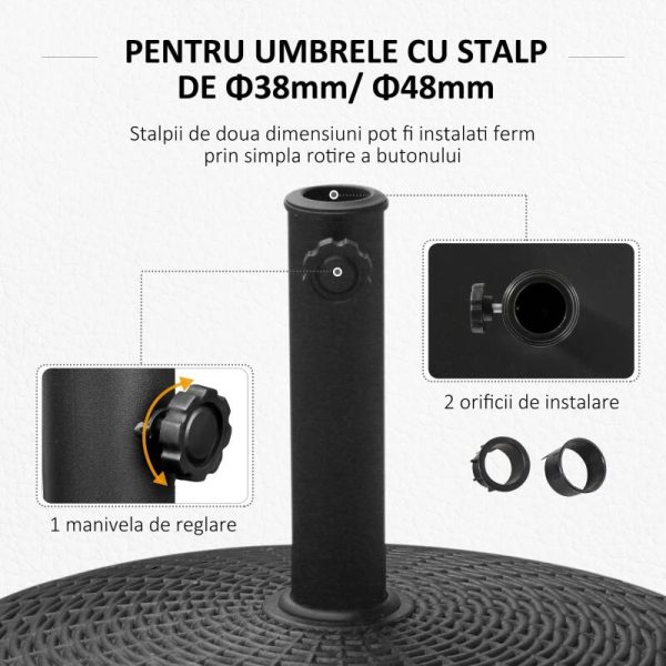 Suport pentru umbrela 38-48 mm, cu roti, rotund, HDPE, imitatie ratan, negru, 52×41 cm