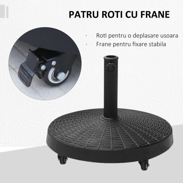Suport pentru umbrela 38-48 mm, cu roti, rotund, HDPE, imitatie ratan, negru, 52×41 cm